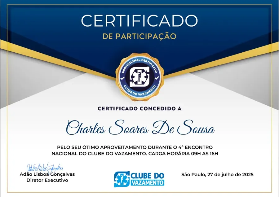 Certificado de participação no Encontro Nacional do Clube do Vazamento, em nome de Charles Soares de Sousa