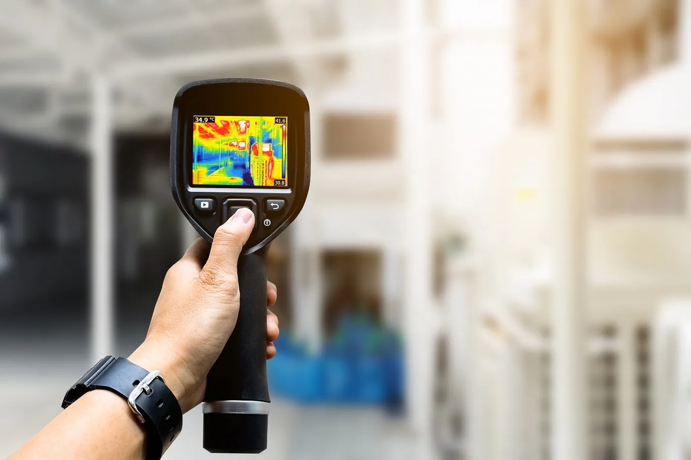 Câmera térmica em uso, com a imagem de temperatura na tela do equipamento